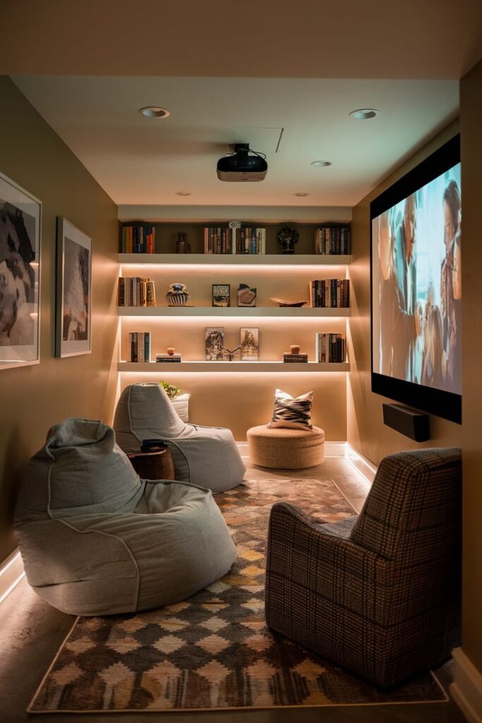 4328854e242201158960c3a8f54930de Cozy home theater room with bean bags, armchair, and large screen, surrounded by shelves of books and ambient lighting. | Sky Rye Design Cozy home theater room with bean bags, armchair, and large screen, surrounded by shelves of books and ambient lighting.