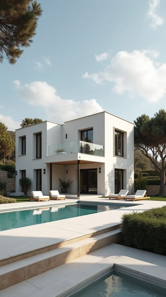 Modern white villa with glass balcony, pool, and sun loungers under a clear blue sky, surrounded by lush greenery.