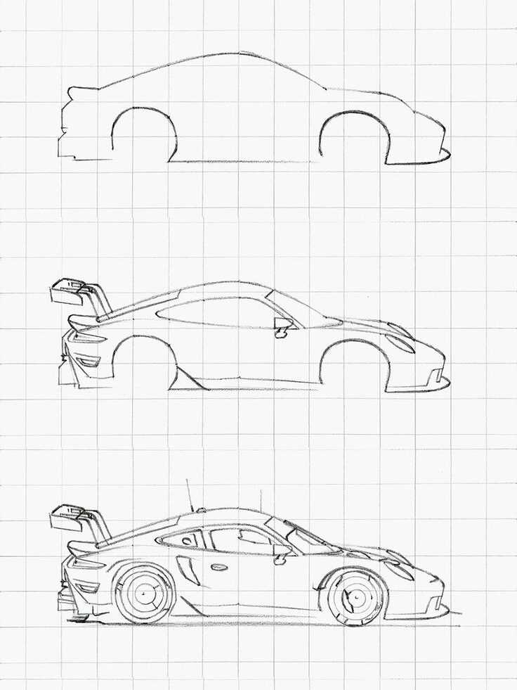 Sketch of a car showing four stages of design evolution on a grid background.
