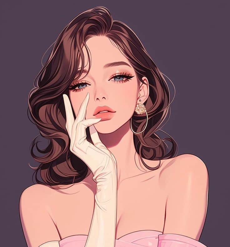 Stylish anime woman with wavy hair and white gloves, wearing elegant earrings against a neutral background.