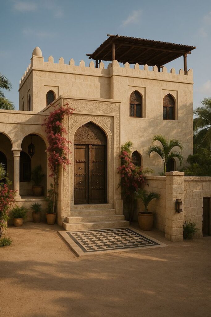 Elegant villa with arched wooden door, Arabic architecture, surrounded by lush plants and intricate tile patterns.