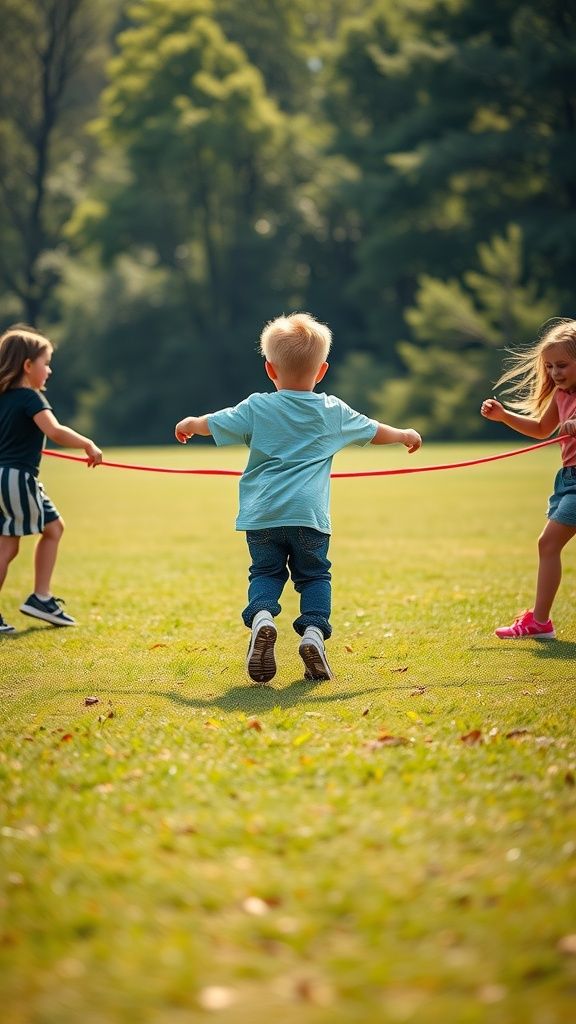 Children playing with a jump rope on a sunny day in a park.