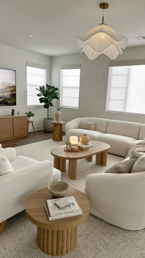 Modern living room with beige furniture, plants, and stylish lighting for a cozy, minimalist design.
