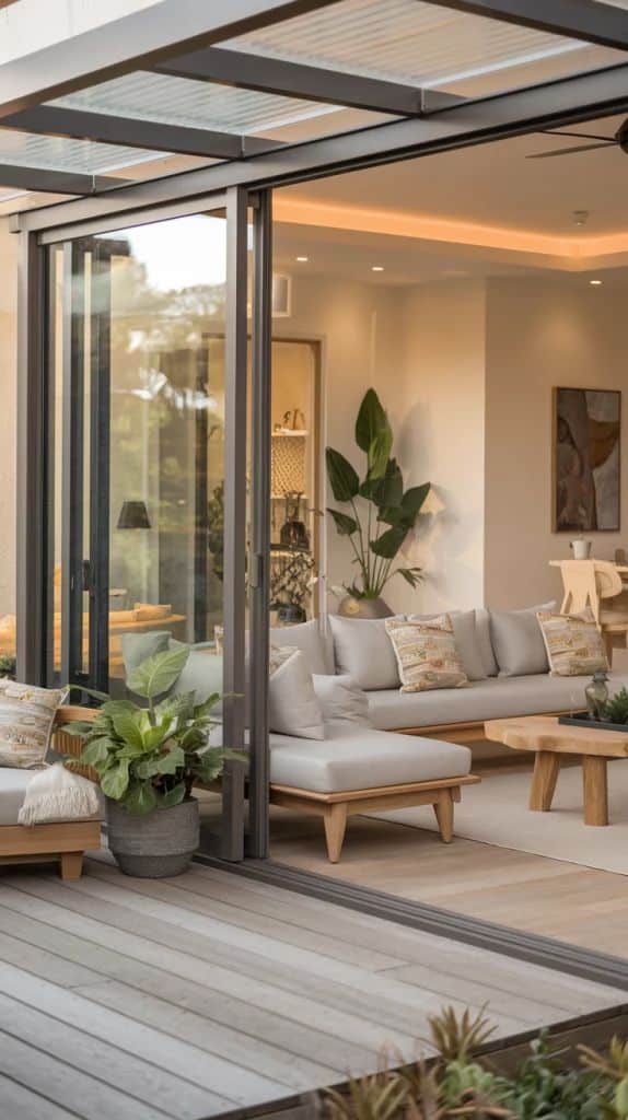 Modern indoor-outdoor living room with sliding glass doors, cozy seating, and vibrant plants.
