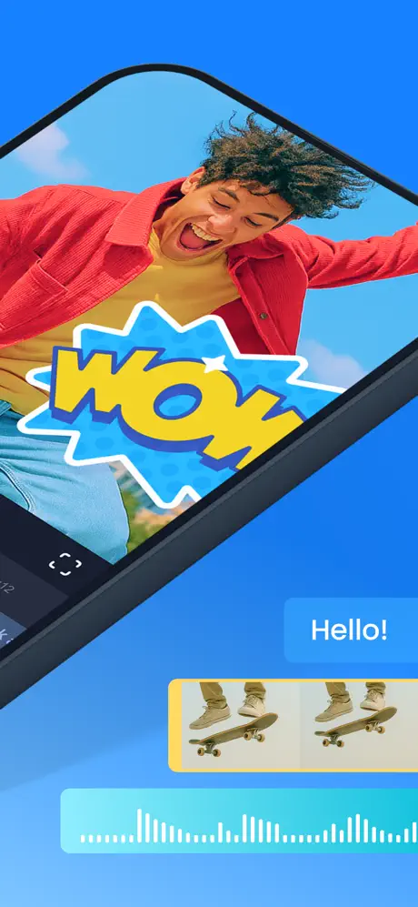 Man jumping with excitement on smartphone screen, vibrant graphics with the word WOW, skateboard and audio elements.