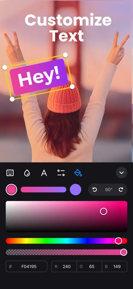 Person with raised hands and beanie, text editor overlay saying Hey! in a customizable graphic interface.