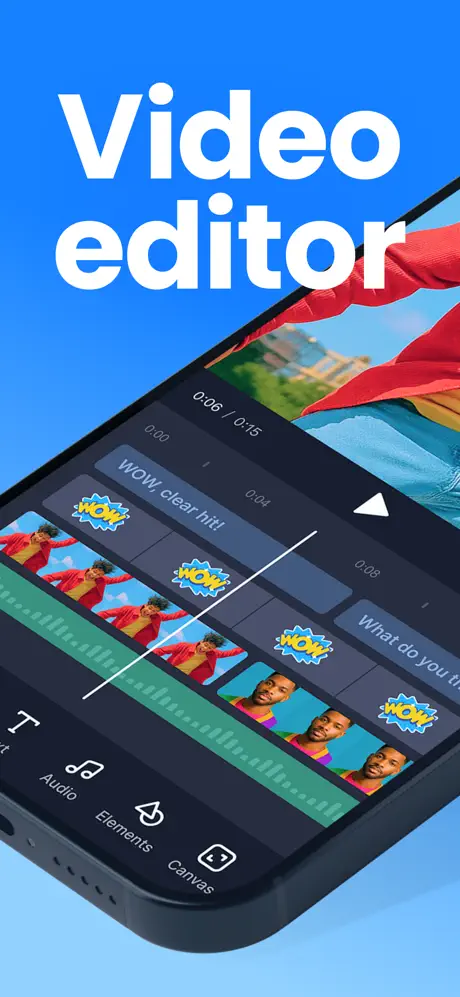 Mobile video editor interface with timeline and editing options on a smartphone screen.