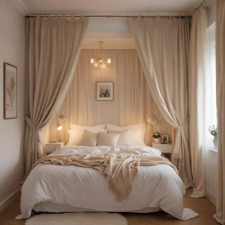 Elegant bedroom with beige curtains, cozy bedding, and soft lighting for a warm, inviting atmosphere.