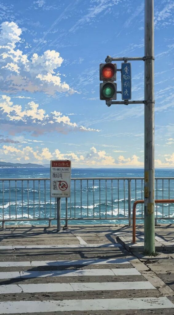Seaside traffic light with red signal, ocean waves in background under a blue sky. Peaceful coastal scene.