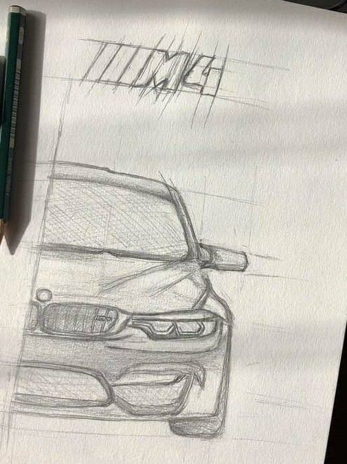 Sketch of a car's front view with shaded details and a pencil on paper, featuring the word TIME at the top.