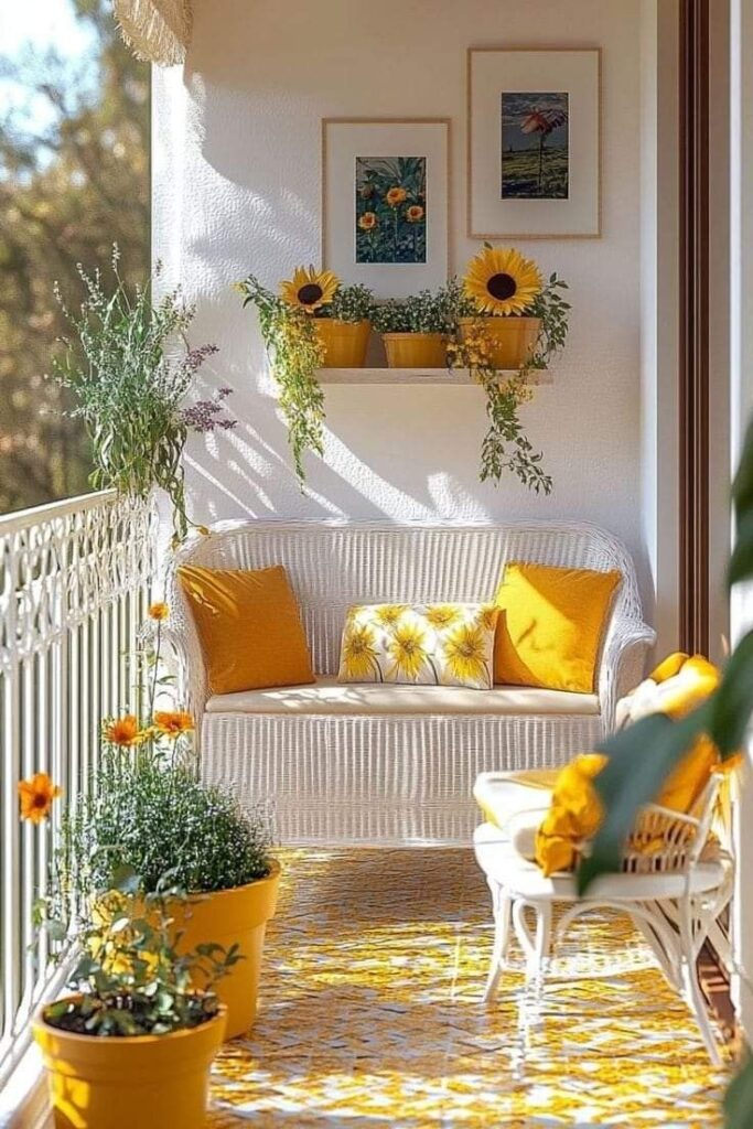 Sunny balcony with white wicker furniture, yellow cushions, and vibrant sunflowers in pots.