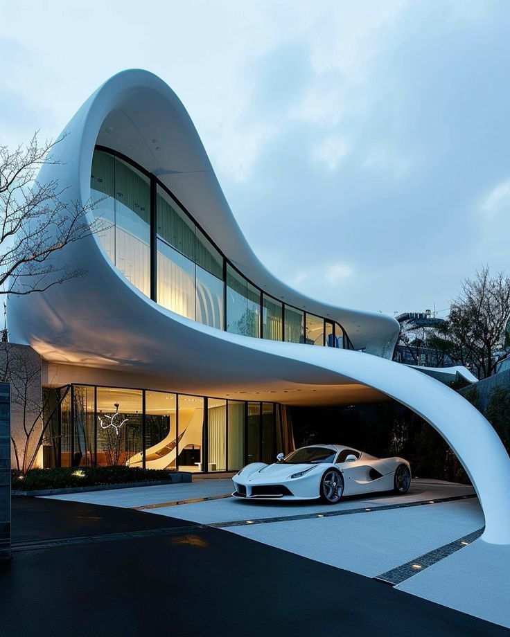 Modern architectural home with sleek white car in driveway at dusk. Curved design with large glass windows.
