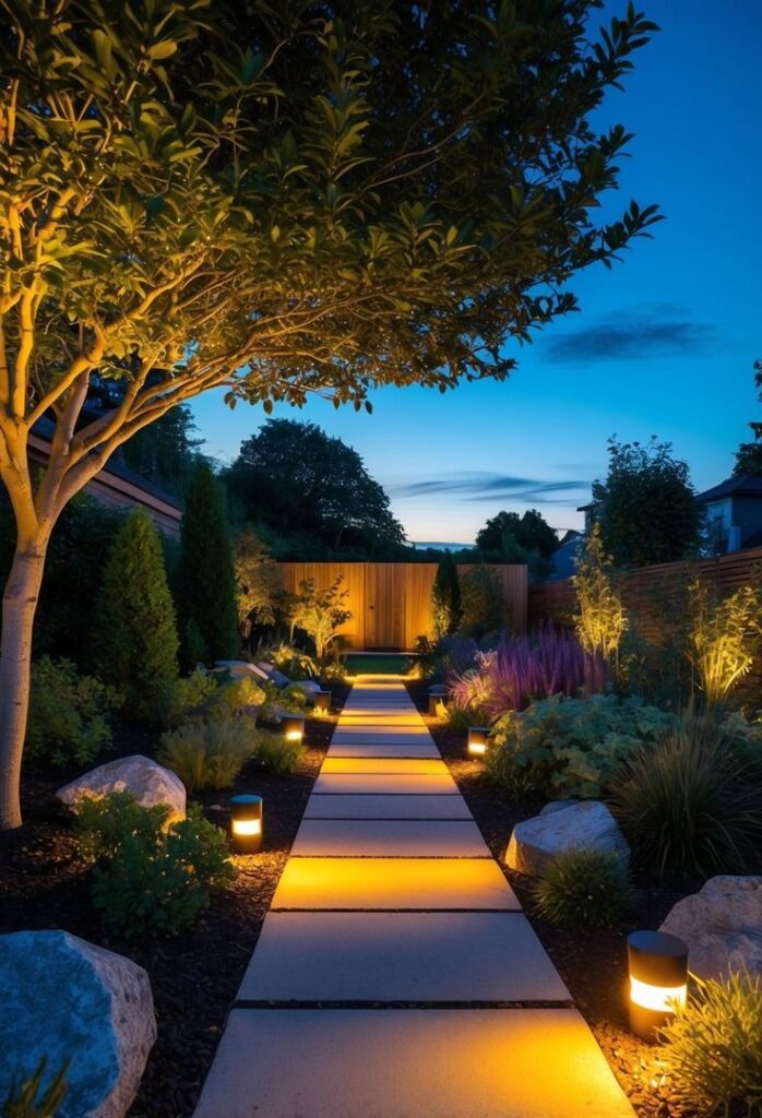 Illuminated garden path with warm lighting, surrounded by lush plants, trees, and a vibrant evening sky.