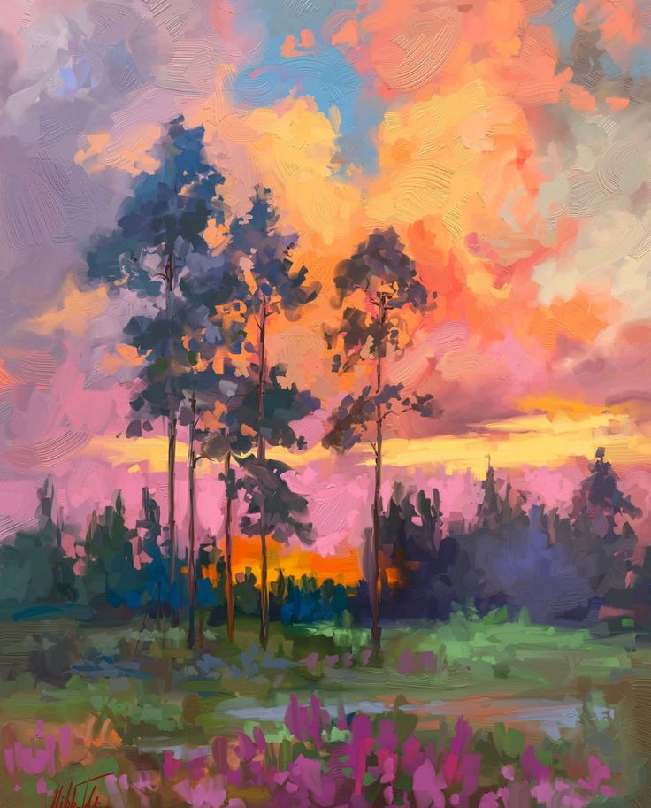 4942a70b7789d7a884a5c2d996a19afe Pine trees silhouetted against a vibrant sunset sky with pink, orange, and purple hues. Impressionist landscape painting. | Sky Rye Design Pine trees silhouetted against a vibrant sunset sky with pink, orange, and purple hues. Impressionist landscape painting.