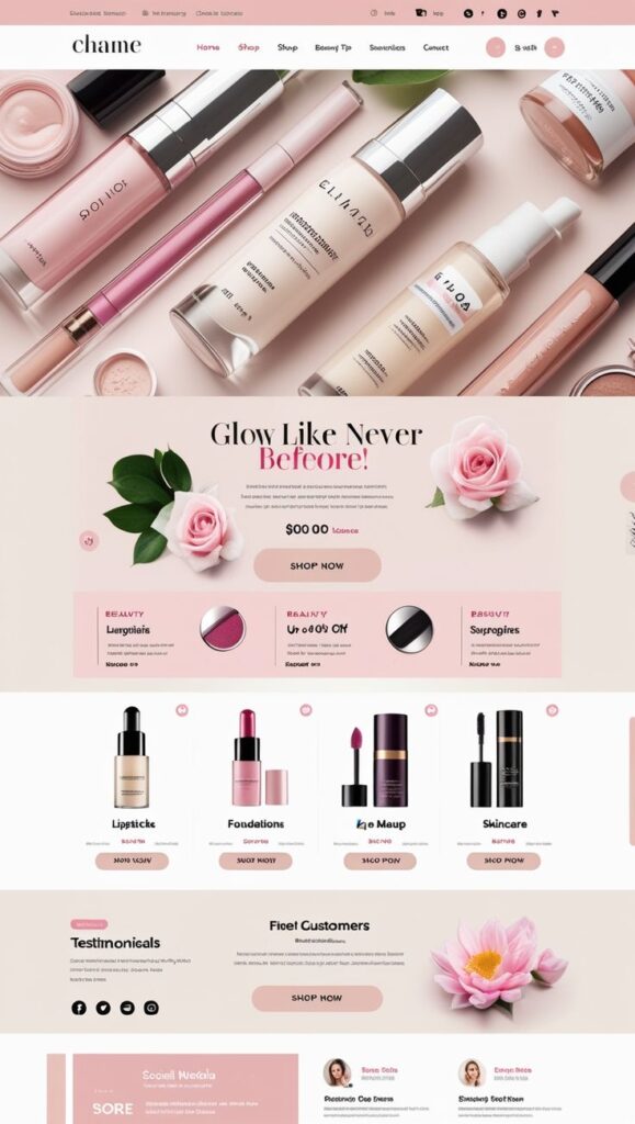 Cosmetics website with makeup products, pink roses, and a Glow Like Never Before tagline promoting beauty items.