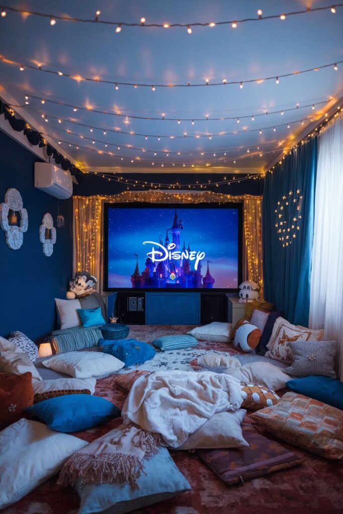 Cozy home theater with Disney on screen, fairy lights, and plush cushions for a magical movie night ambiance.