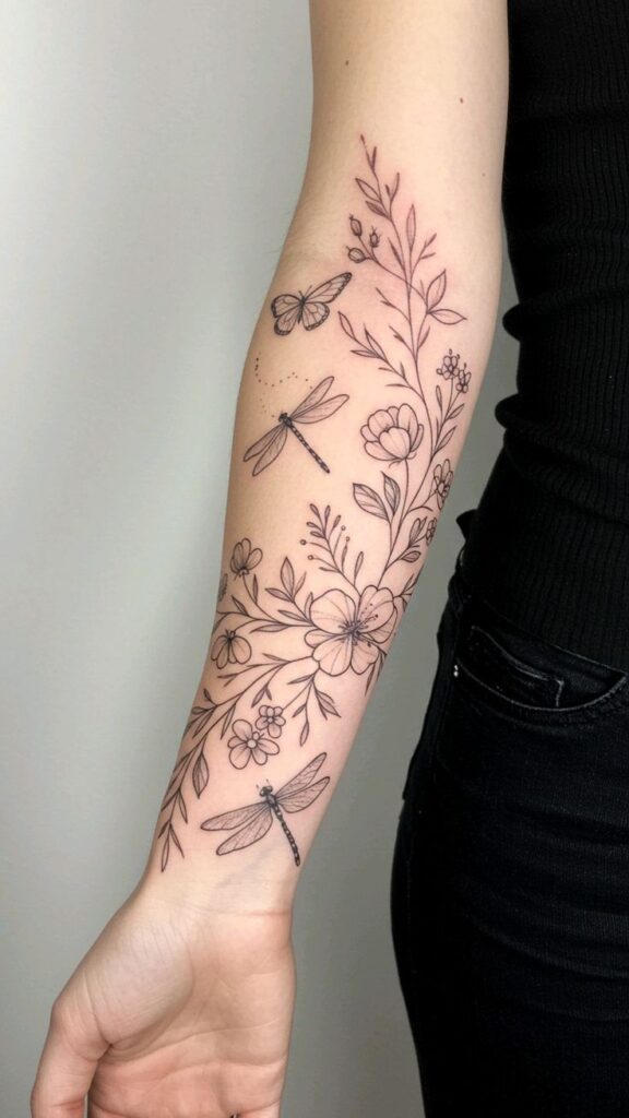 4ab0afde-8523-470b-9706-80dabd9dda5f Arm tattoo with intricate floral design, featuring dragonflies and a butterfly. | Sky Rye Design Arm tattoo with intricate floral design, featuring dragonflies and a butterfly.