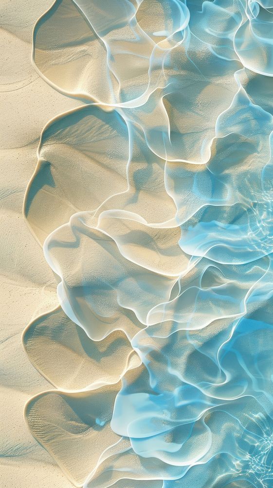 Abstract sandy beach with gentle blue waves, resembling flowing fabric in motion. Peaceful coastal art.