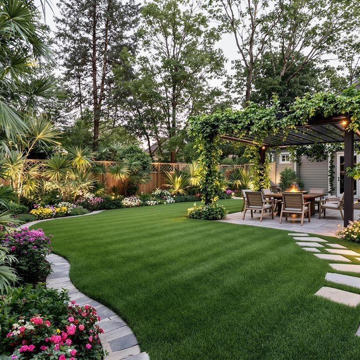 Luxurious garden with pergola, lush greenery, outdoor dining area, and beautifully manicured lawn. Ideal for relaxation.