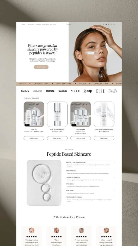 4c755014b170ba9e28ecc7cb7fc46753 Woman with skincare product on cheek; peptide-based, vegan skincare promotion. | Sky Rye Design Woman with skincare product on cheek; peptide-based, vegan skincare promotion.