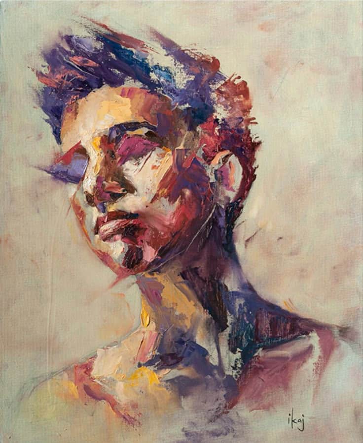 4cfd63d4063379696b25da25783f94ab Abstract portrait of a person with vibrant brushstrokes in purple, red, and yellow hues on a textured background. | Sky Rye Design Abstract portrait of a person with vibrant brushstrokes in purple, red, and yellow hues on a textured background.