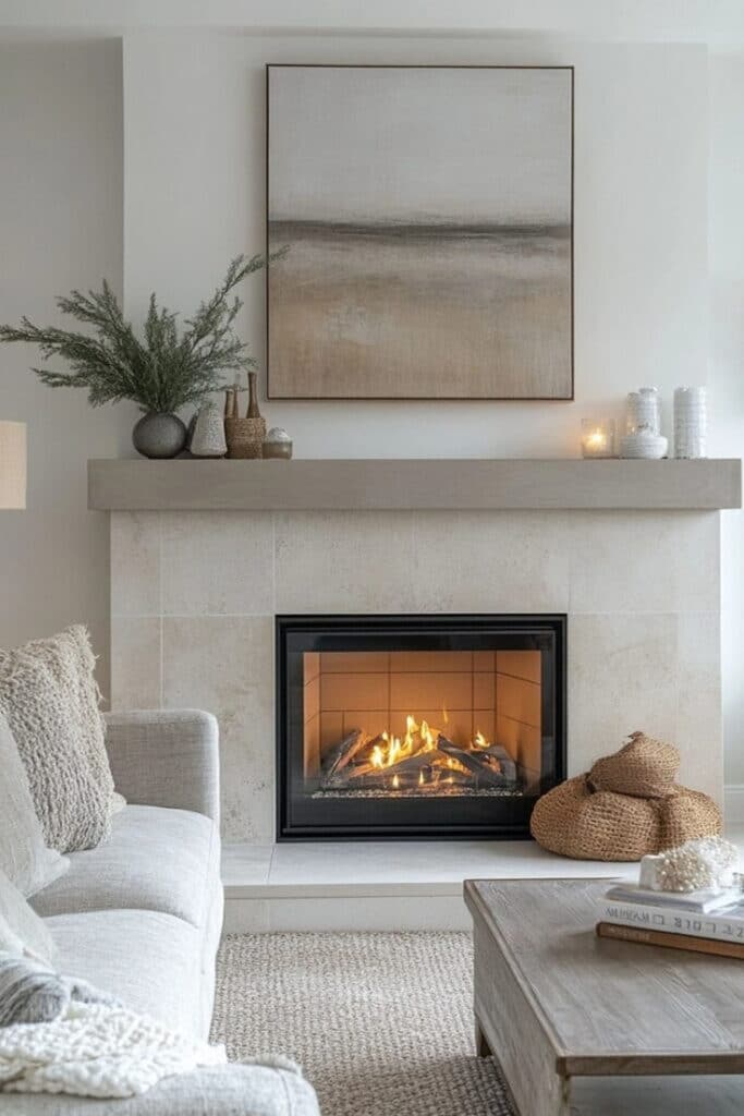 Cozy modern living room with fireplace, abstract art, and neutral decor creating a warm and inviting atmosphere.