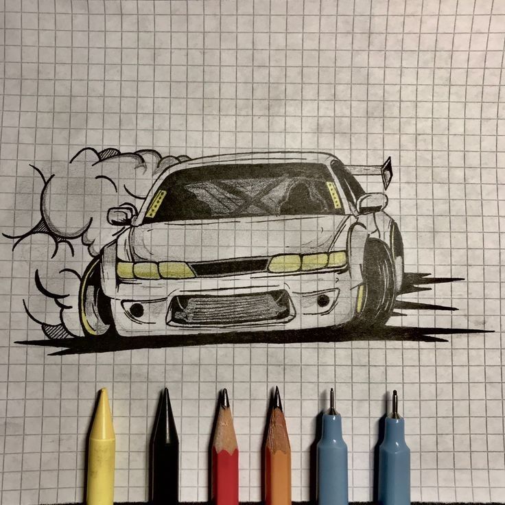 Illustration of a sports car drifting, drawn on grid paper, with colored pencils below.