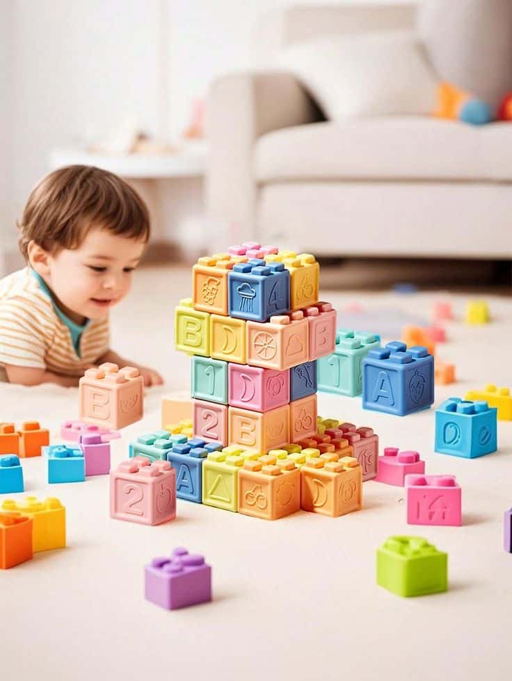 Child playing with colorful alphabet and number blocks in a living room.
