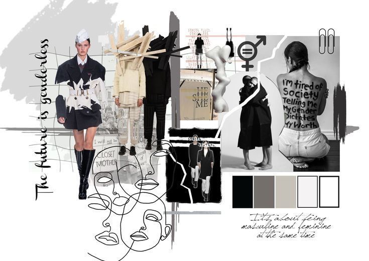 Fashion collage exploring gender neutrality and societal norms with abstract art and monochrome palette.