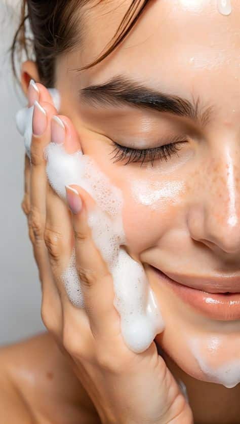 Woman cleansing face with foamy soap, showcasing a skincare routine for glowing, healthy skin.
