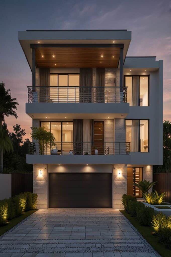 Modern three-story house exterior with illuminated facade at dusk.