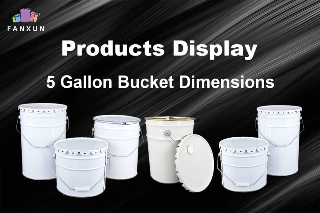 Display of white 5-gallon buckets with dimensions on black background, featuring lids and metal handles.
