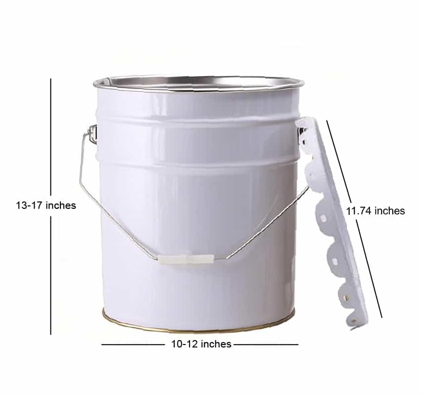 White metal paint bucket with lid, measurements labeled: height 13-17 inches, width 10-12 inches, lid 11.74 inches.