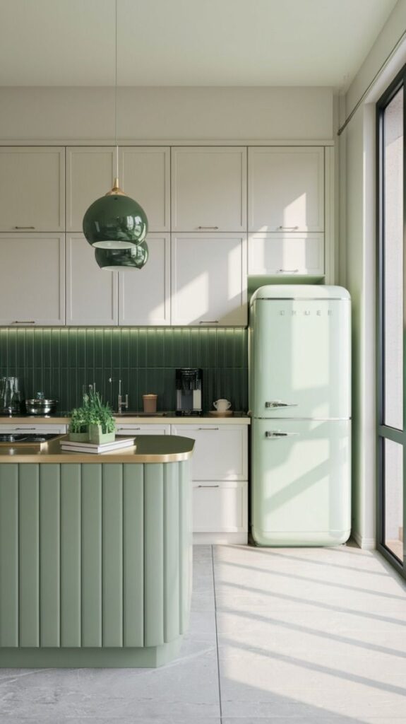 Stylish kitchen with pastel green vintage fridge, white cabinets, and island, bathed in natural light. Perfect for modern homes.