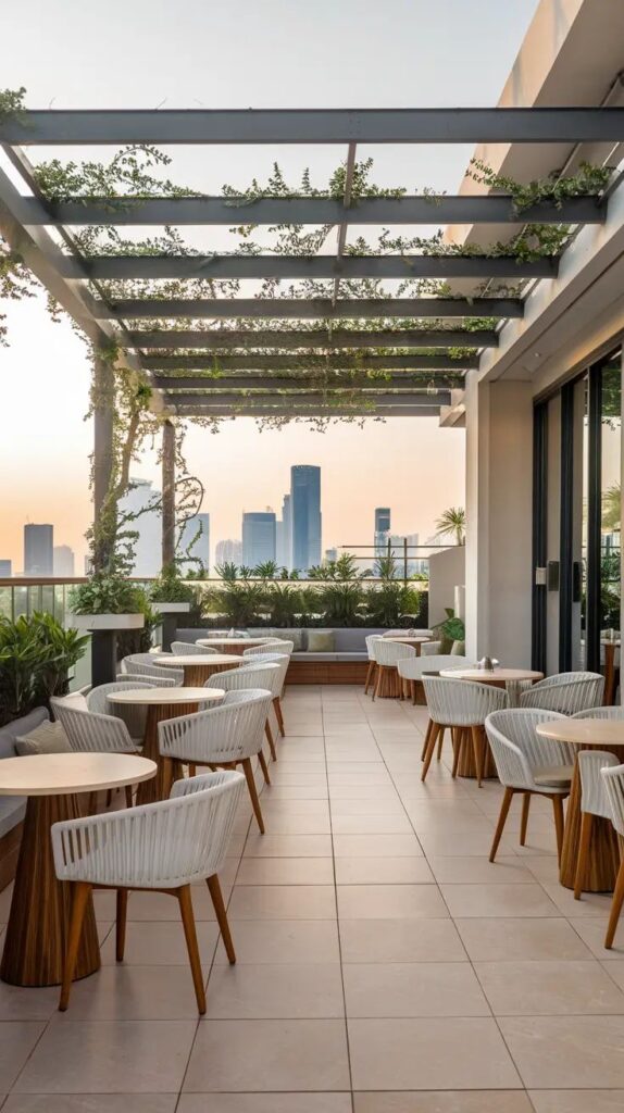 Rooftop restaurant with modern decor, city skyline view, and sunset ambiance. Perfect for urban dining experiences.