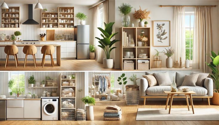 Modern open-plan living space with kitchen, cozy lounge, and laundry area, featuring natural decor and wooden accents.