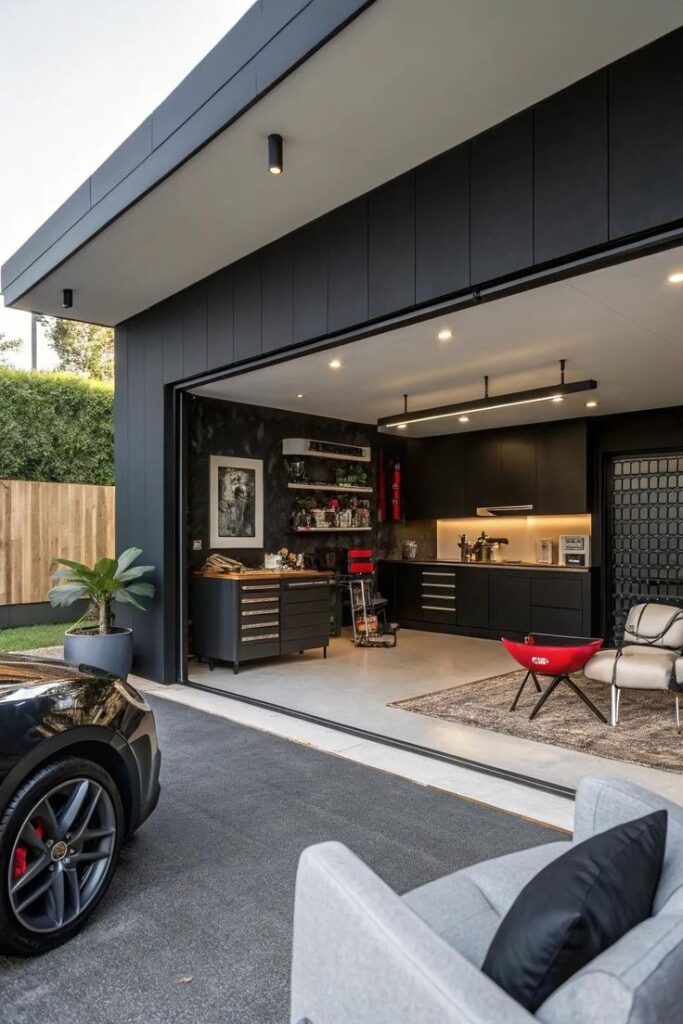 Modern garage with sleek black cabinetry, plants, and a luxury car in the driveway, featuring open design space.