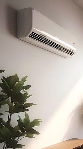 Wall-mounted air conditioner above indoor plant with wooden table nearby, enhancing the room's comfort and design.