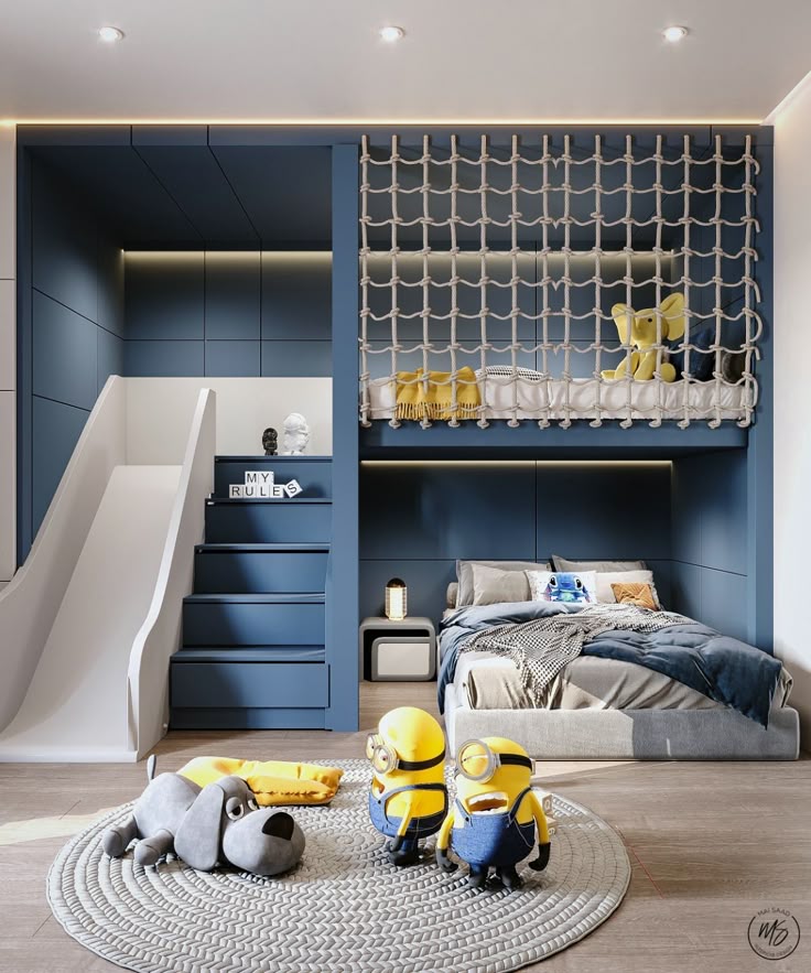 _ 50 Children's bedroom with blue loft bed, slide, and Minion toys on a round rug. Cozy and imaginative play space. | Sky Rye Design Children's bedroom with blue loft bed, slide, and Minion toys on a round rug. Cozy and imaginative play space.