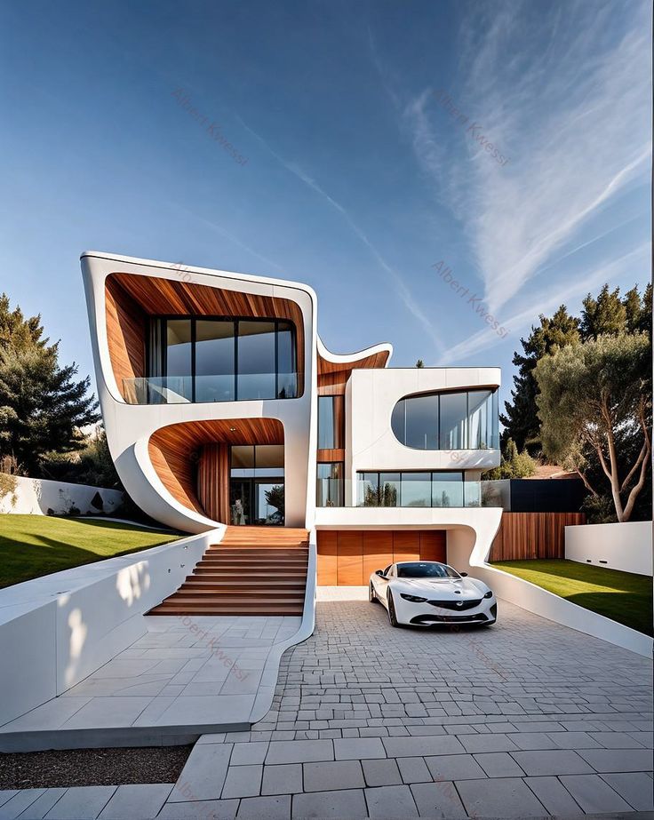 Modern architectural house with unique design, large windows, wooden accents, and a parked luxury car. Architectural Style