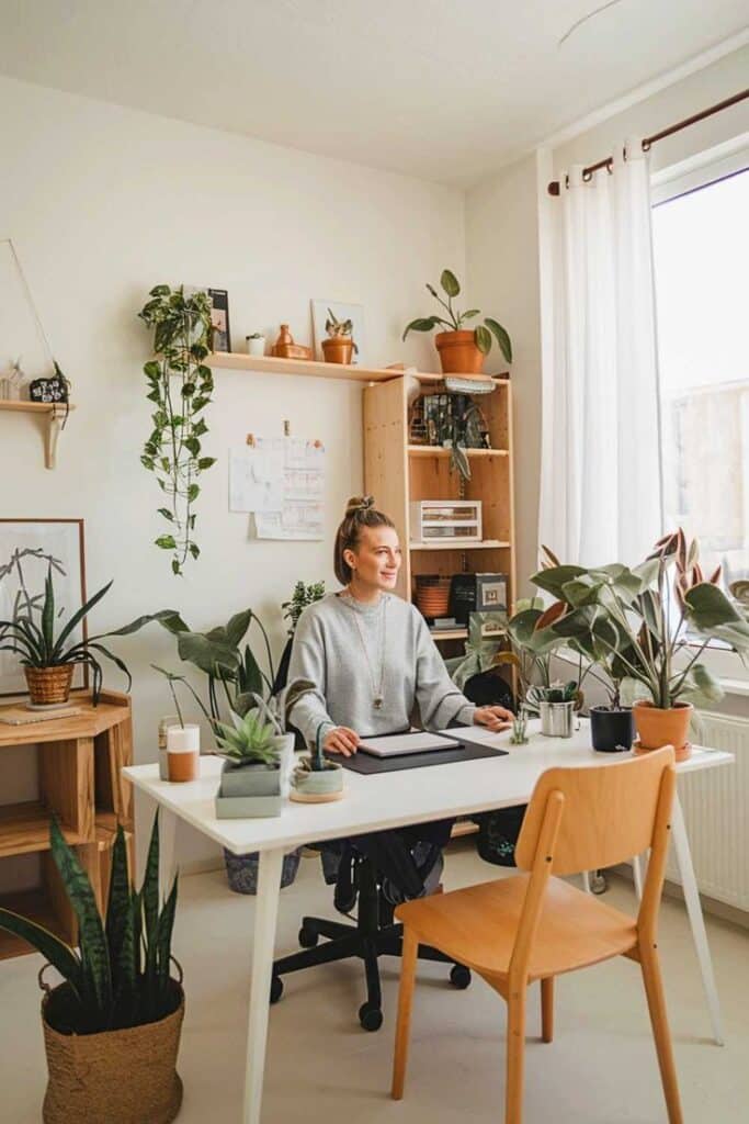 Woman working on a laptop at a plant-filled home office by a sunny window.