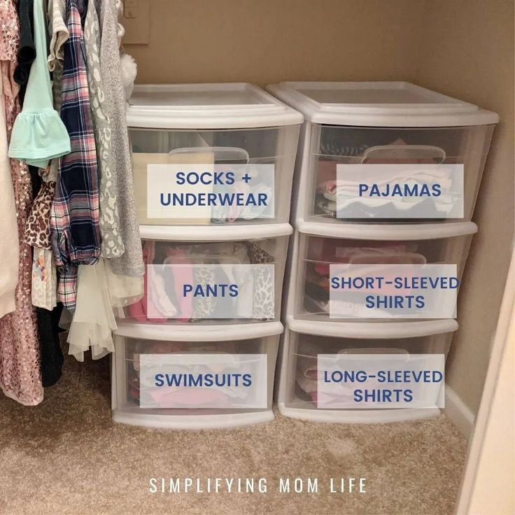 Organized closet with labeled drawers: socks, underwear, pajamas, pants, swimsuits, shirts; simplifying storage solutions.
