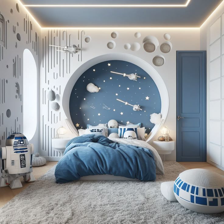 Space-themed kids bedroom with starry wall mural, spaceship models, and blue bedding.