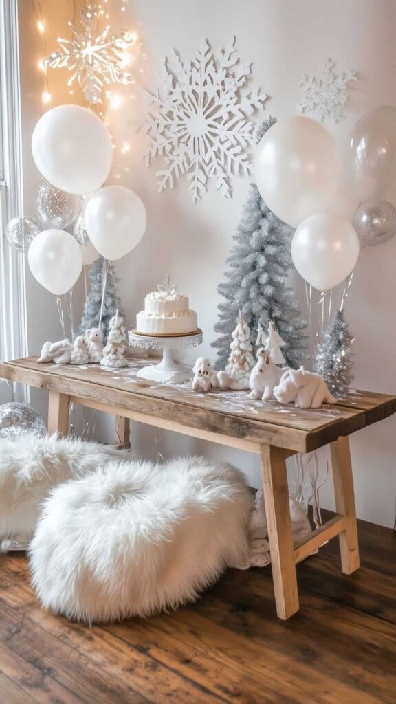 Cozy winter party setup with snowflakes, white balloons, festive cake, and faux fur stools on a wooden table.