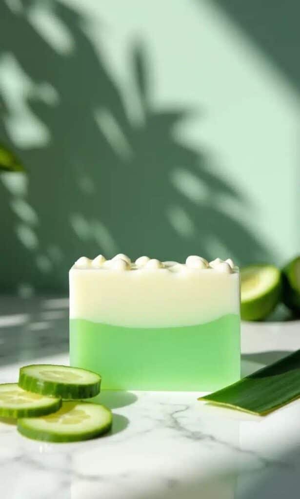 526696134b38e6237f96b77862cde401 Cucumber aloe vera soap with green and white layers on marble, surrounded by fresh cucumber slices. | Sky Rye Design Cucumber aloe vera soap with green and white layers on marble, surrounded by fresh cucumber slices.