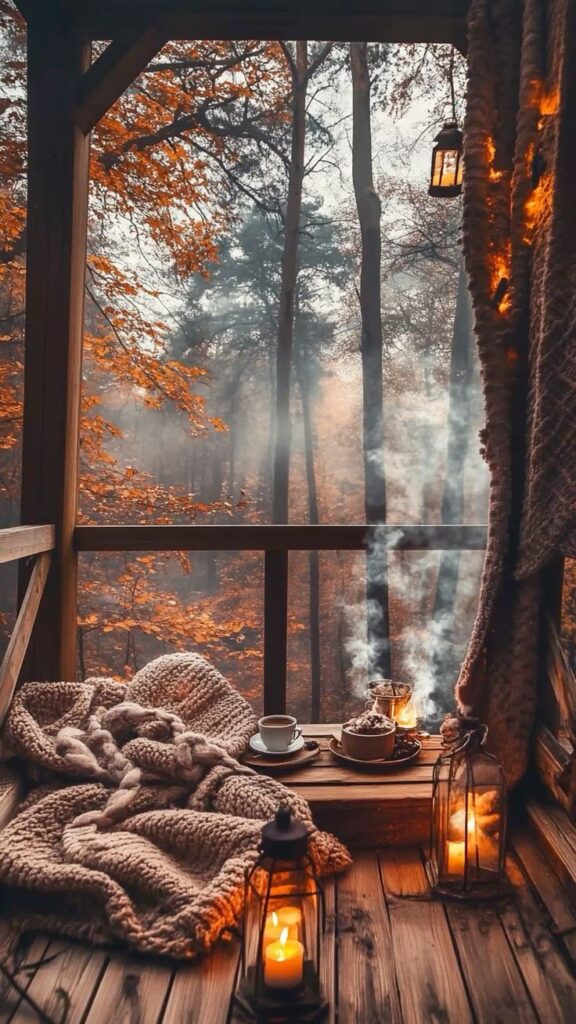 Cozy autumn porch with warm blanket, steaming coffee, and candlelight, overlooking a misty forest with golden leaves.