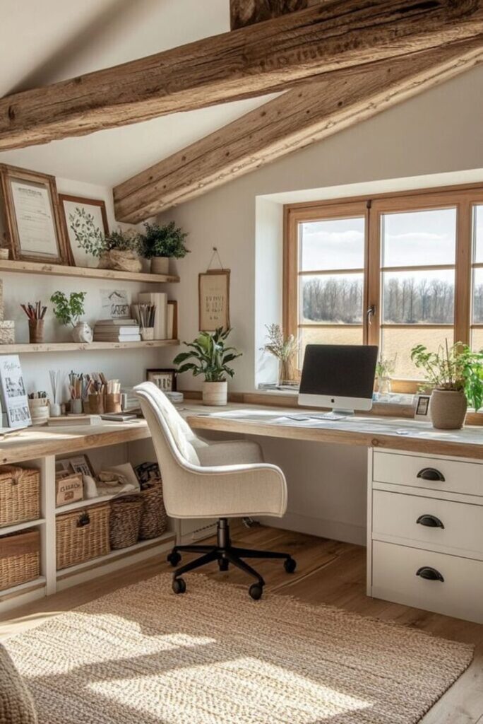 Cozy home office with wooden beams, desk, shelves, plants, and window view. Neutral tones create a warm, inviting workspace.