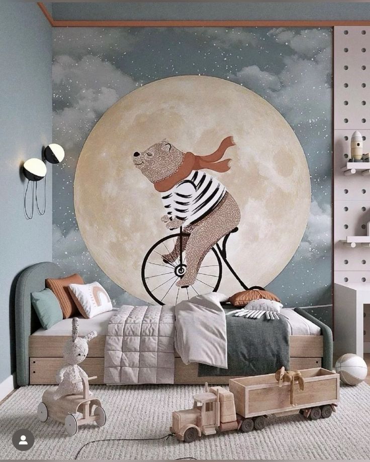 Cozy children's bedroom with whimsical bear mural and vintage decor.