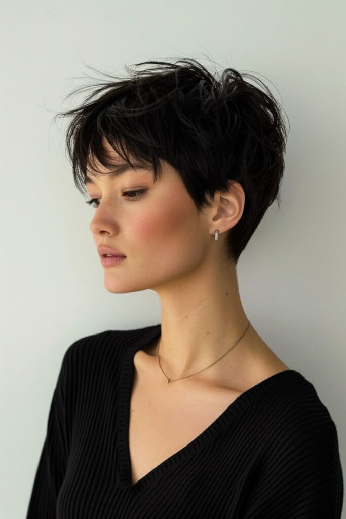 Woman with short stylish haircut, wearing black top, side profile, minimalist jewelry, soft makeup, light background.