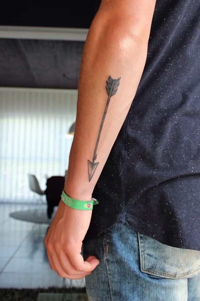 547f8ff4fd9a561e30ec0d0664272619 Arm tattoo featuring an arrow design on a person wearing jeans and a green wristband. | Sky Rye Design Arm tattoo featuring an arrow design on a person wearing jeans and a green wristband.